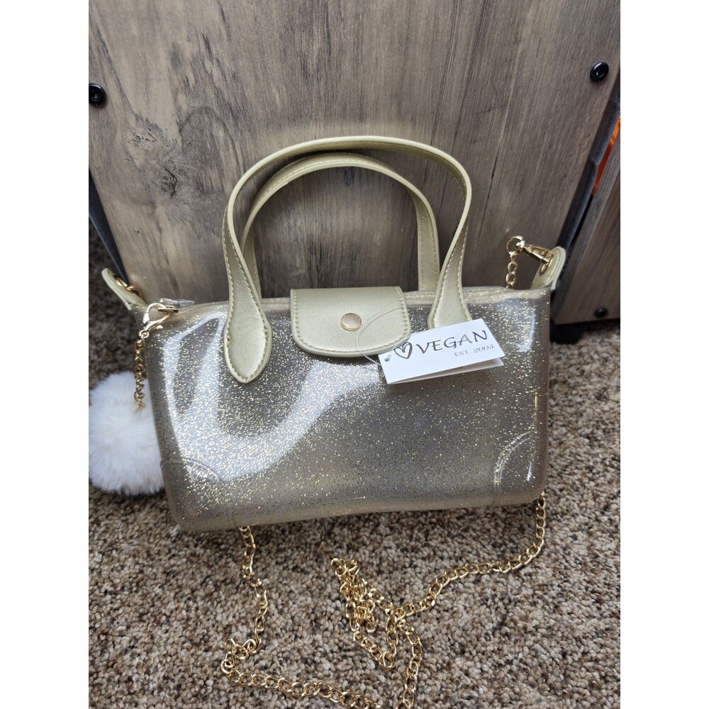 Gold Glitter Pom Pom Chain Crossbody Bag Zip Snap Gold Hardware Vegan Women